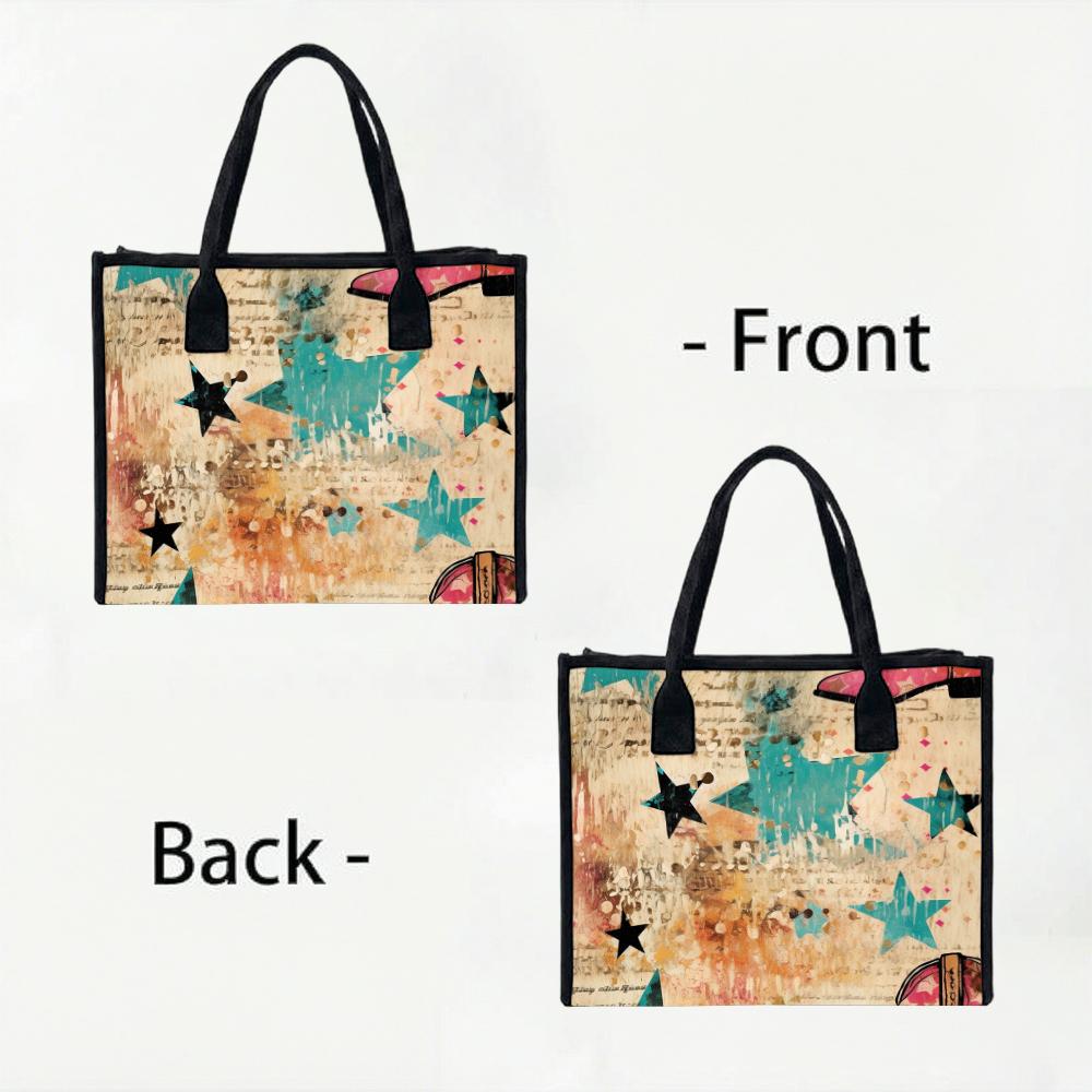 Retro Star Printed Tote Bag Large Capacity Casual Daily Shoulder Handbag for Women Outdoor Commuting