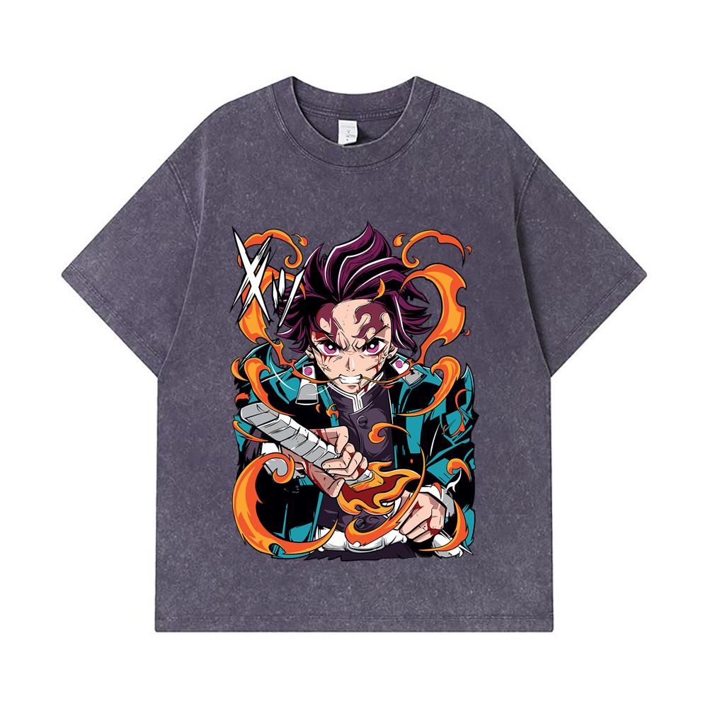 275 GSM Washed T-shirts 100% Cotton Demon Slayer V64 Tanjiro Fire Breathing Print Unisex Heavy Cotton T Shirt