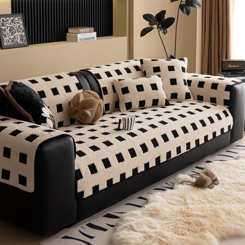 

New Plush Sofa Cushion Autumn And Winter Straight Row Leather Sofa Fixed Non-Slip Cushion Thickened Plush Blanket Cover 70*70cm