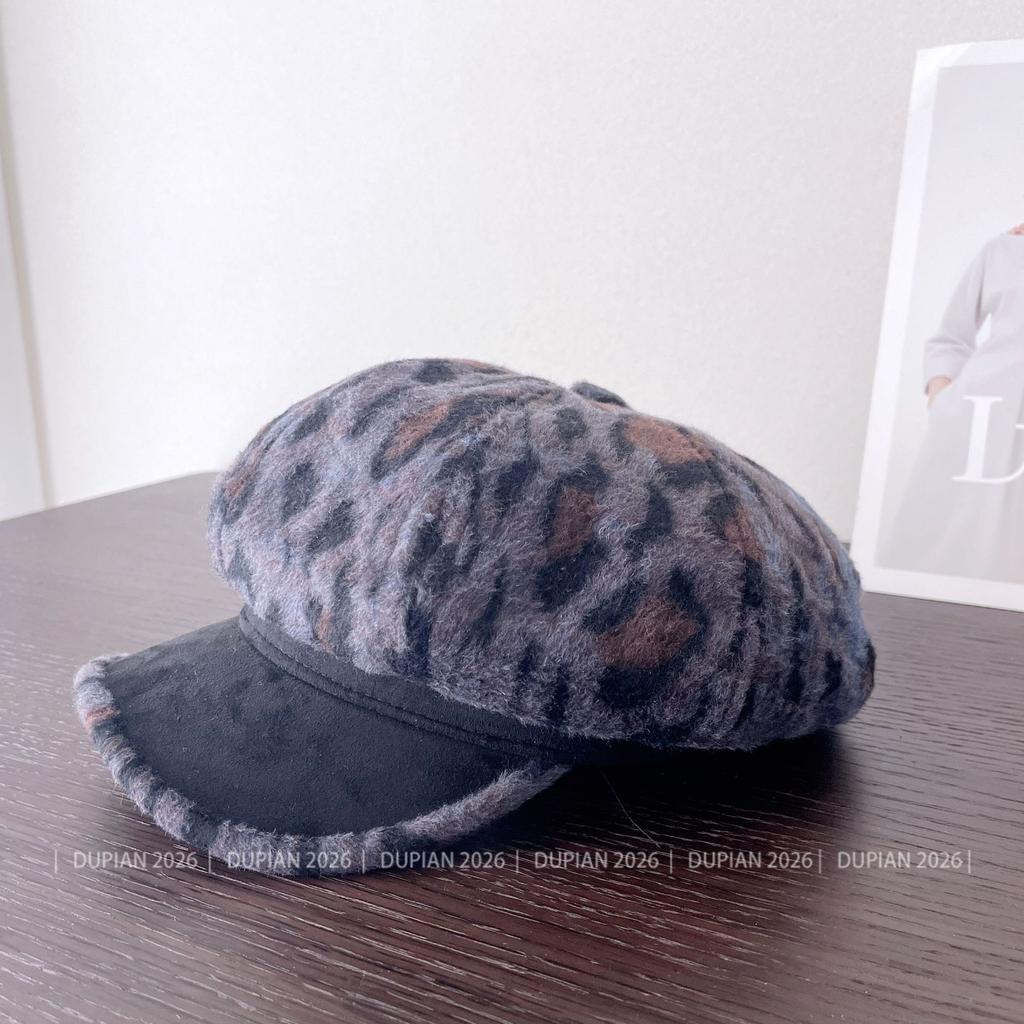 Retro leopard print cloud newsboy hat children's autumn and winter new versatile face peaked cap to keep warm from the cold octagonal hat
