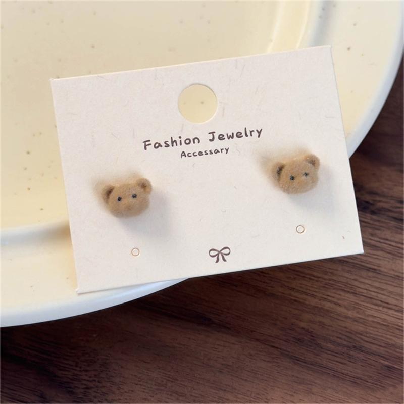 Autumn Winter Earrings Coffee Colored Flocking Bear Earrings Sweet Cartoon Style Ear Studs Suitable for Trendy Women