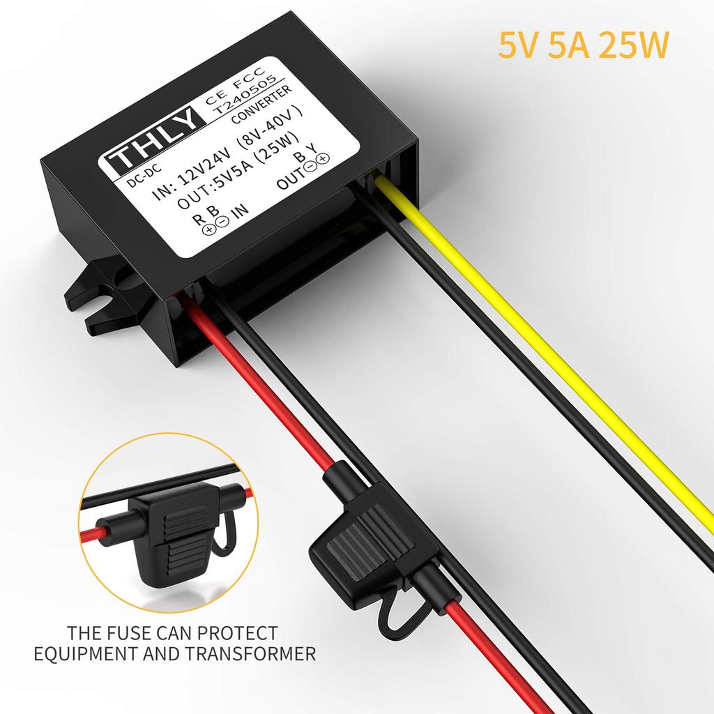 Converter to 5V 5A 25W Converter 5V with IP67 Waterproof 12V to 5V Converter for and LEDs DC-DC Step-Down 8-40V DC/DC Fuse, Cars, Trucks, Boats,