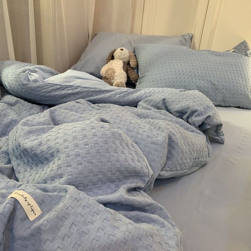 Bedding Set Luxury High Grade Light Washable Cotton Waffle Four Piece Olive Green Quilt Cover Bed Sheet Dormitory Three Piece