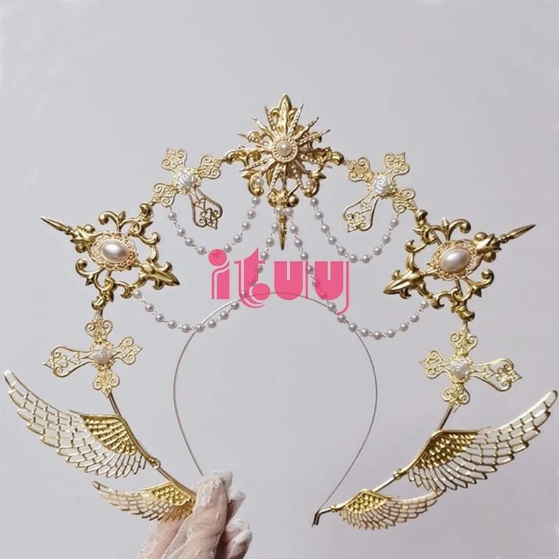 Halo Headwear Gothic Style Lolita Angel Wings Goddess Sun Virgin Mary Spiked Pearl Pendant Golden KC Halo Crown Hair Accessories