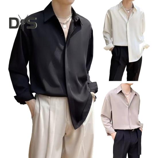 Herren Frühling Herbst Hemd Umlegekragen Locker Einreihig Lange Ärmel Reine Farbe Mittellang Jung Formal Style Büro Club Party Top