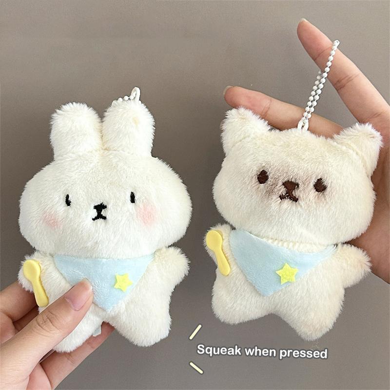 Cute Cartoon Kitten Bunny Plush Toy Keychain Kawaii Soft Stuffed Doll Keychain Pendant Car Key Ring Backpack Decoration Gifts