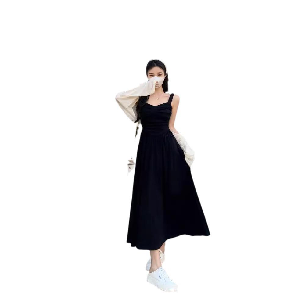 Plus Size Women's Black Spaghetti Strap Sleeveless Summer 2024 French Retro Waist-Hugging Mid-Length Dress