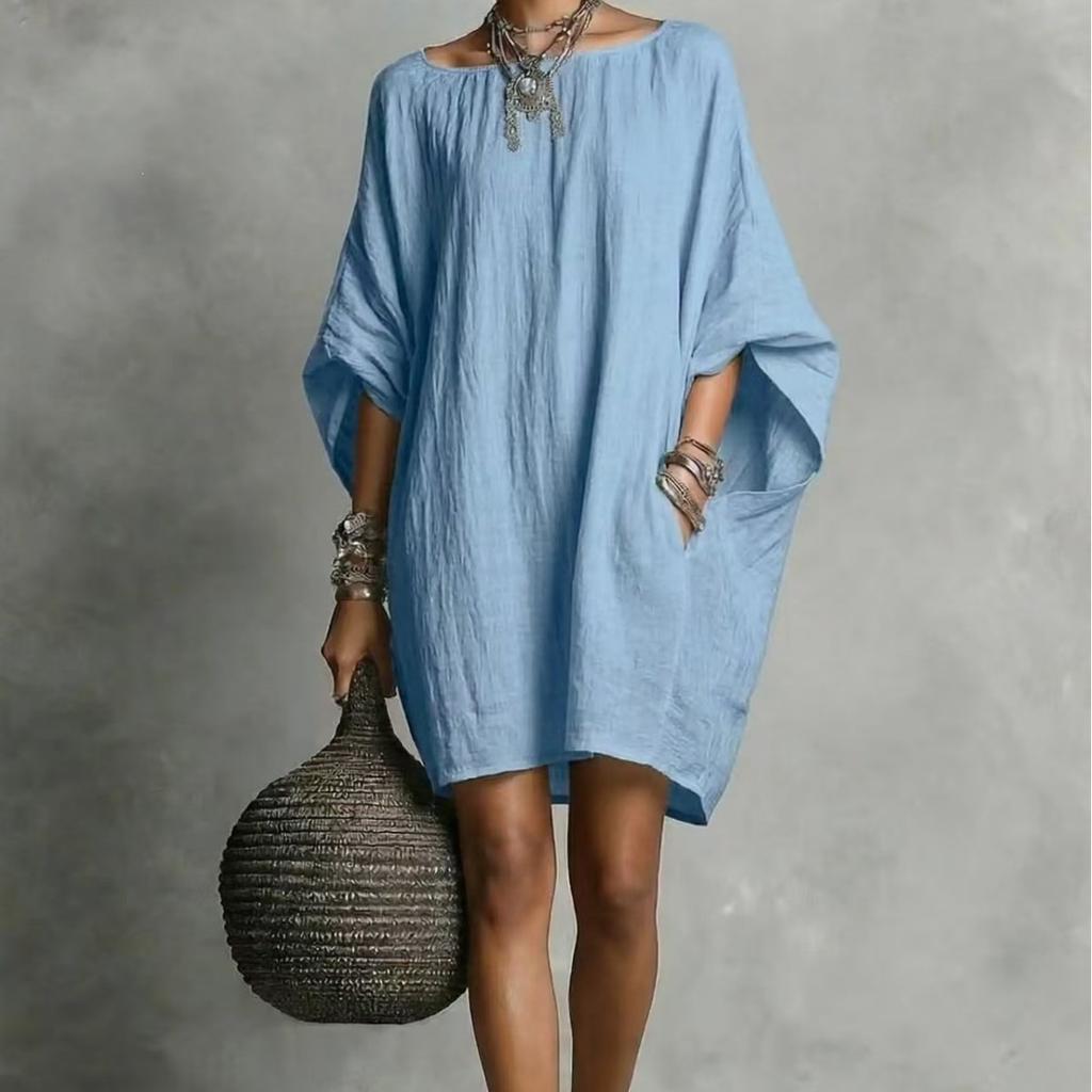 Women's Cotton Linen Look Batwing Sleeve Mini Dress Loose Boat Neck with Pockets Casual Oversized Tunic Dress Daily Vacation Beach Wear
