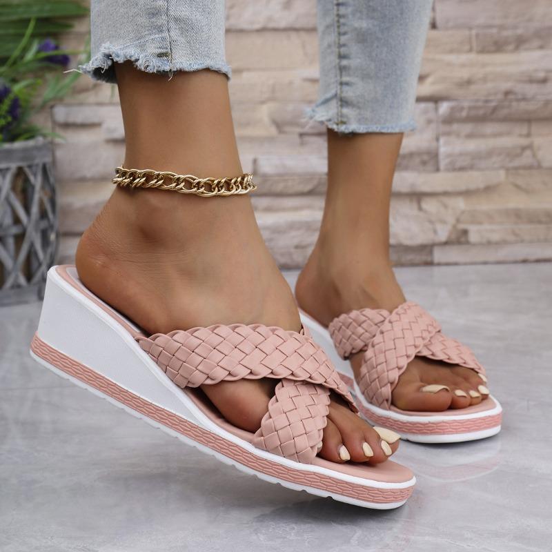 Women Wedge Slippers New Summer Platform Sexy Shoes Braided Square Toe Flat Sandals Beach Slides Home Women Shoes