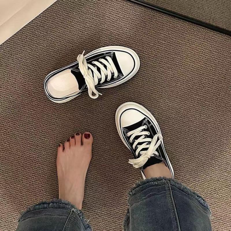 Canvas Half Slippers Women's Spring and Summer New Thick-soled One-pedal Women's Shoes Round Head Student Lazy Leisure Board