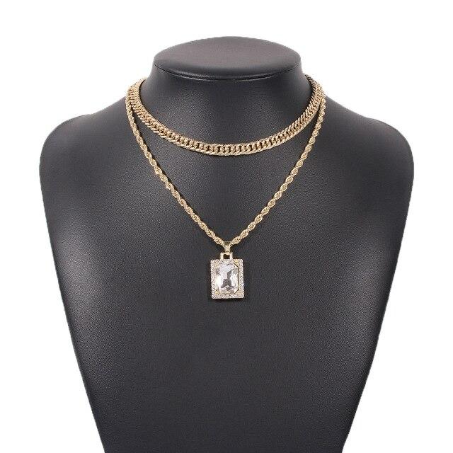 Retro Doppelschichtige Kristallanhänger Halsketten Einzigartiges Design Minimalistischer Einfacher Stil Verdrehte Goldton Kette Choker Vintage Anhänger
