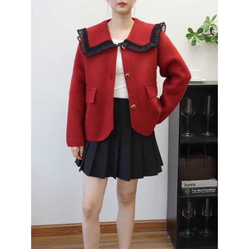 Doll Collar Temperament Knitted Double-sided Cardigan Autumn New Loose Design Sweater Jacket Women