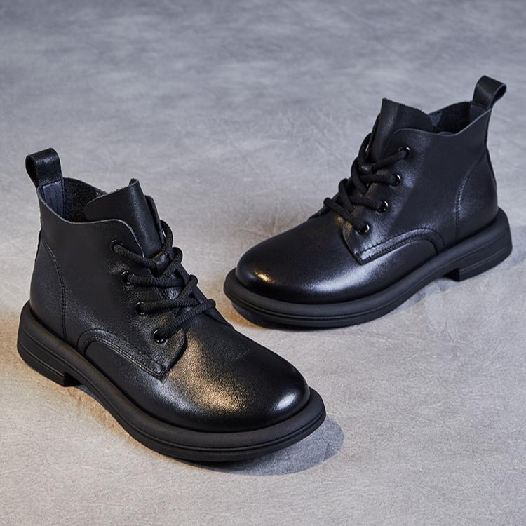 Johnature Botas de couro genuíno estilo britânico com cadarço e sola macia, botas curtas, sapatos femininos de cor sólida