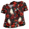 Women's Halloween Print V Neck Medical Scrub Top with Pockets Side Slits Short Sleeve Nurse Uniform Shirt for Healthcare Professionals