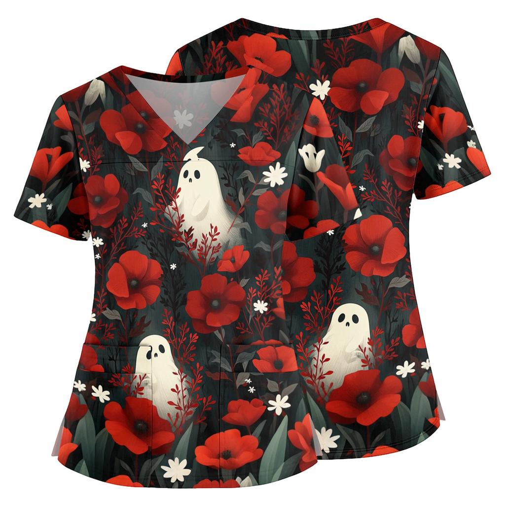 Women's Halloween Print V Neck Medical Scrub Top with Pockets Side Slits Short Sleeve Nurse Uniform Shirt for Healthcare Professionals