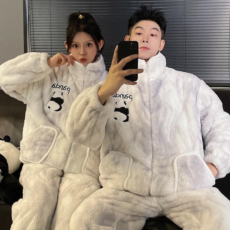 Coral Fleece Couple Pajamas Set Cartoon Lined Zip Sleepwear Men Women