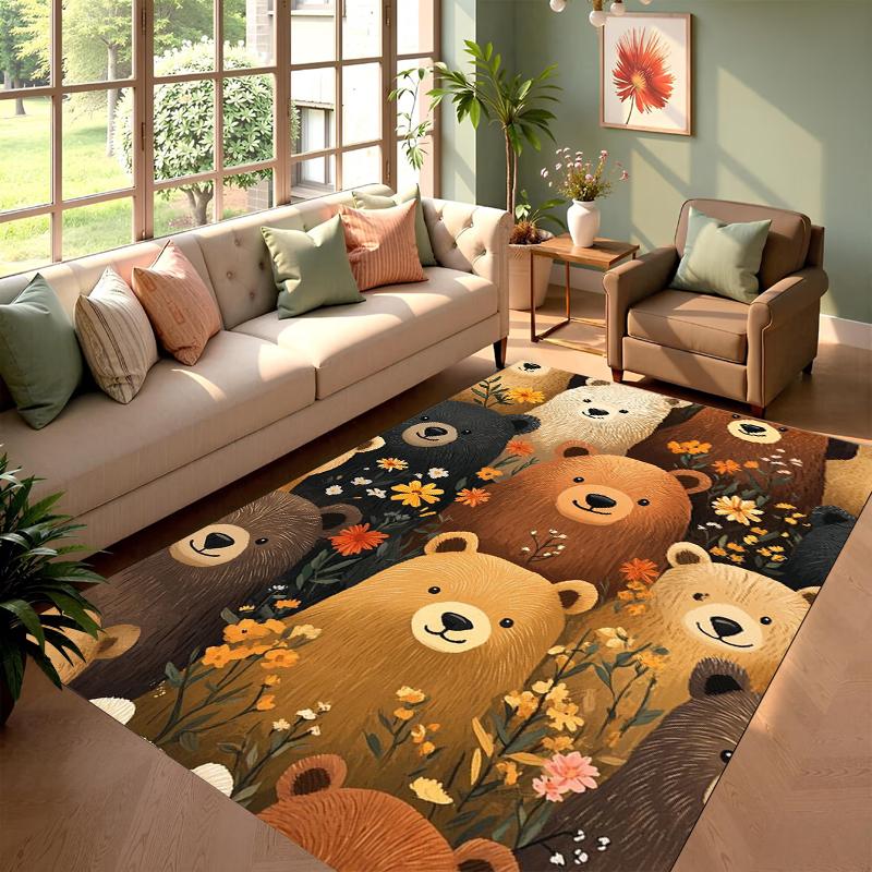 Cute Bear Family Rug Multicolor Bears Wildflowers Foliage Print Non-Slip Large Carpet Rustic Themed Floor Mat for Living Room
