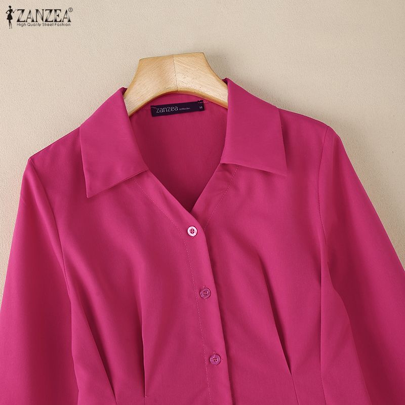 ZANZEA Women Casual Turn Down Collar Solid Color Long Sleeve Blouse