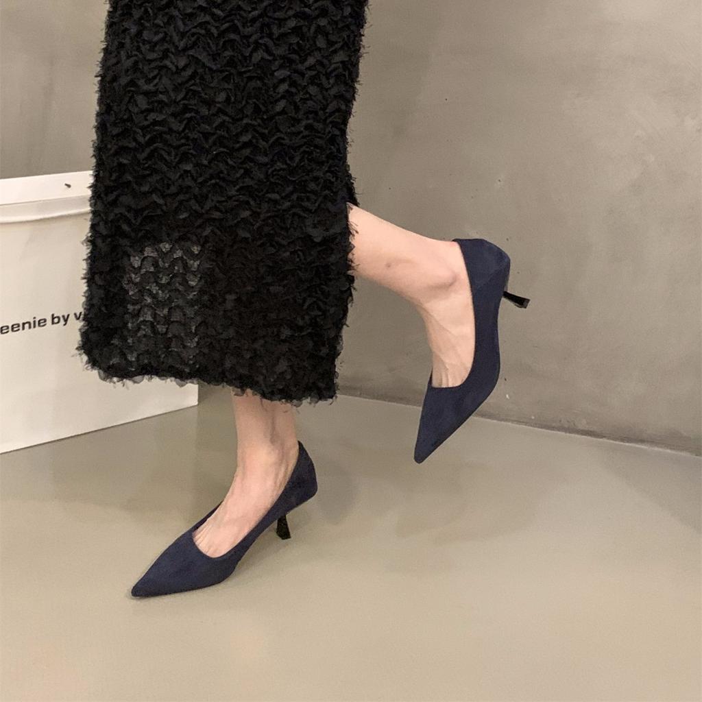 stiletto high heels suede pointed single shoes women's shoes 2025 new spring and autumn temperament socialite black commuter shoes