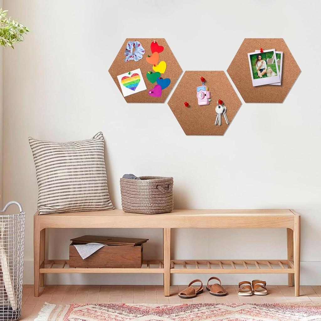 3 Pcs Cork Bulletin Board Hexagon, 7.87×6.7” Self Adhesive Corkboard Tiles for Walls Mini Wall Bulletin Boards Thick Tack Boards Hexagon Pin Board