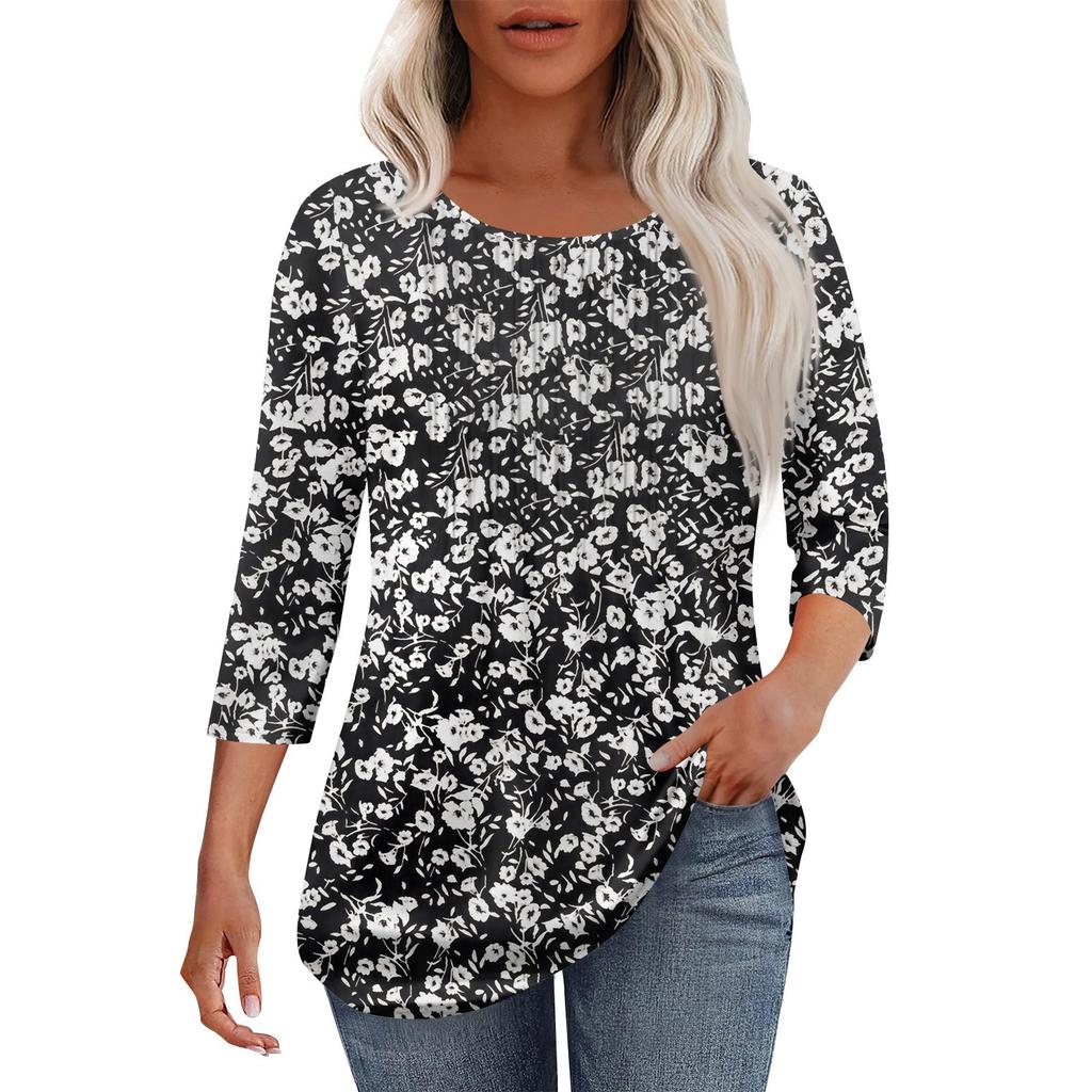 Women's Fashionable Casual Pleated Round Neck Casual Floral Print Seven Quarter Sleeved T-shirt Top