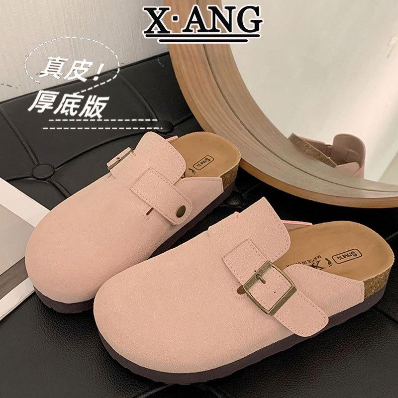 Leather cork bottom children's baotou half slippers outside wear spring and summer new one-pedal lazy shoes