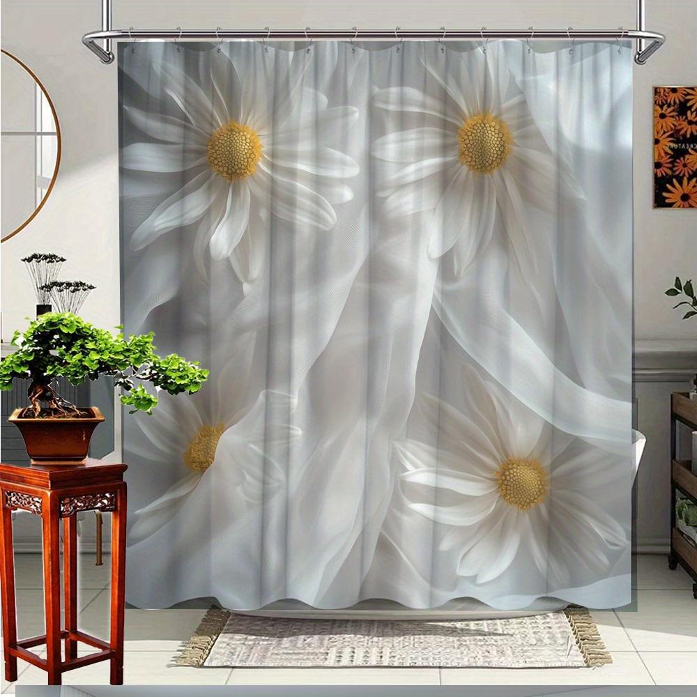 1 Stück Gänseblümchen-Duschvorhang - Weiß & Gelb Blumendesign, Strapazierfähiger Polyesterstoff, 70,8 x 70,8 Zoll Mit 12 Haken, Maschinen