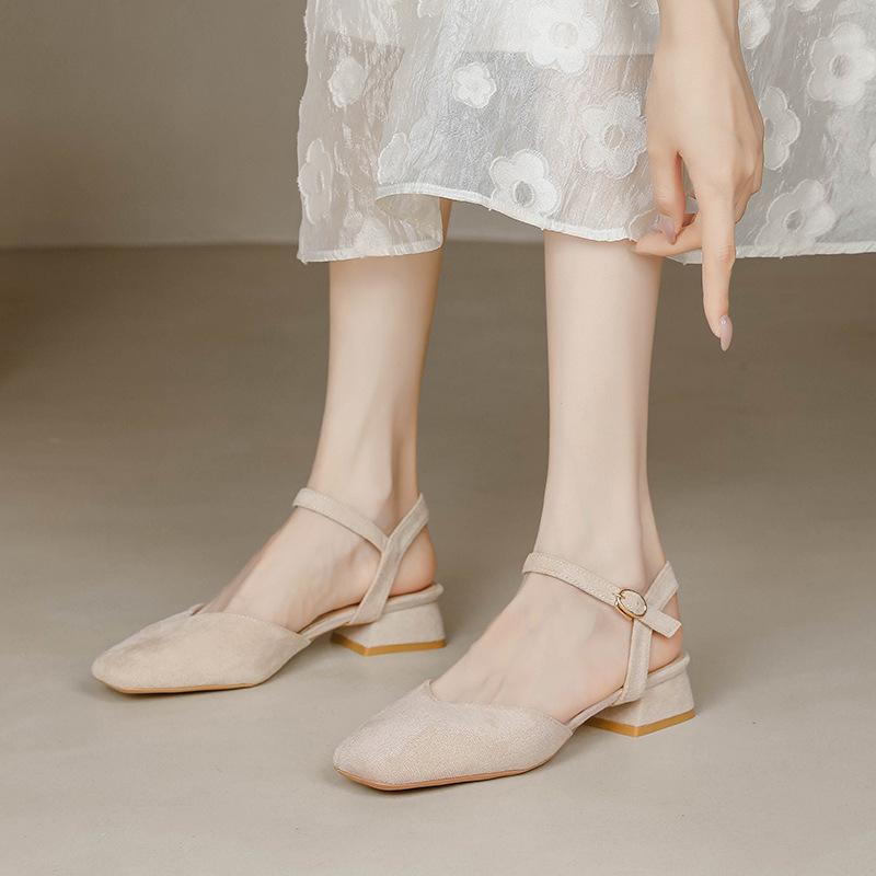 Fashion suede leather low heel sandals women square toe back strap gladiator sandalias mujer cutout summer shoes woman slingback mules