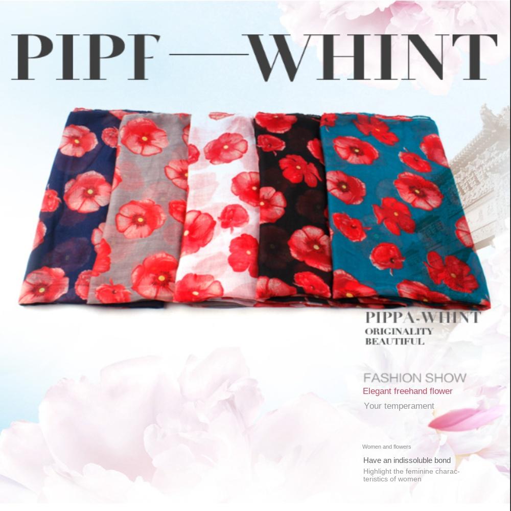 Colorful Poppy Print Scarf 180*90cm Smooth Poppy Floral Shawl Breathable Cotton Voile Poppies Floral Wrap for Women Ladies