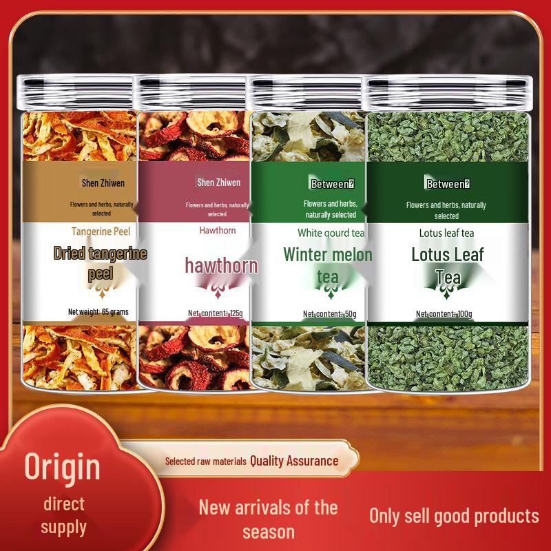 Shen Zhiwen Herbal Tea Blend with Dried Tangerine Peel, Hawthorn, Winter Melon Peel, and Lotus Leaf - Four Seasons Health Infusion.