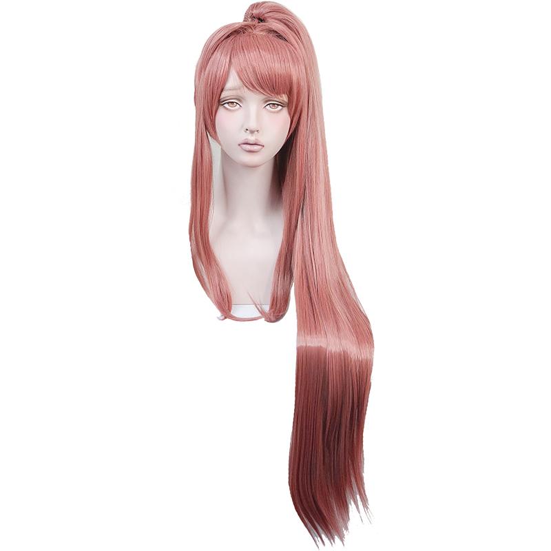 Hoge Kwaliteit Doki Doki Literature Club! Monika Cosplay Pruik DDLC Afneembare Paardenstaart Lang Hittebestendig Haar Pruiken + Pruikkap + Strik One Size