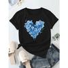 European Size Women'S  Heart Print T-Shirt - Blue Floral Design, Casual Round Neck Short Sleeve Tee, Breathable & Machine Washable for Spring/Summer