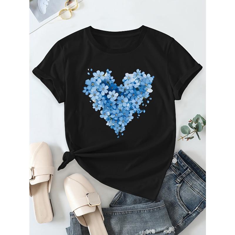 European Size Women'S  Heart Print T-Shirt - Blue Floral Design, Casual Round Neck Short Sleeve Tee, Breathable & Machine Washable for Spring/Summer