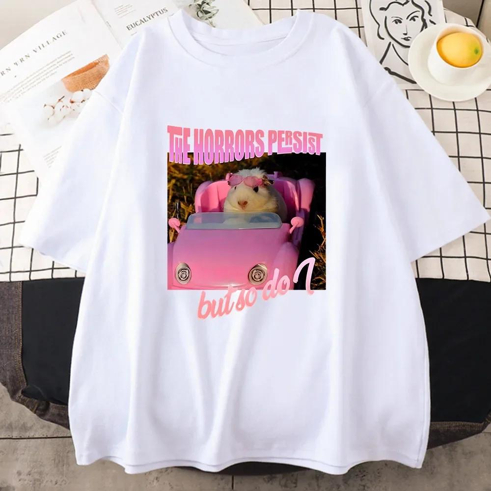 Sad Hamster The Horrors Persist But So Do I T-shirt Pink Graphic Printing Cartoon Tee-shirt Women Clothes Soft Graphic Clothes