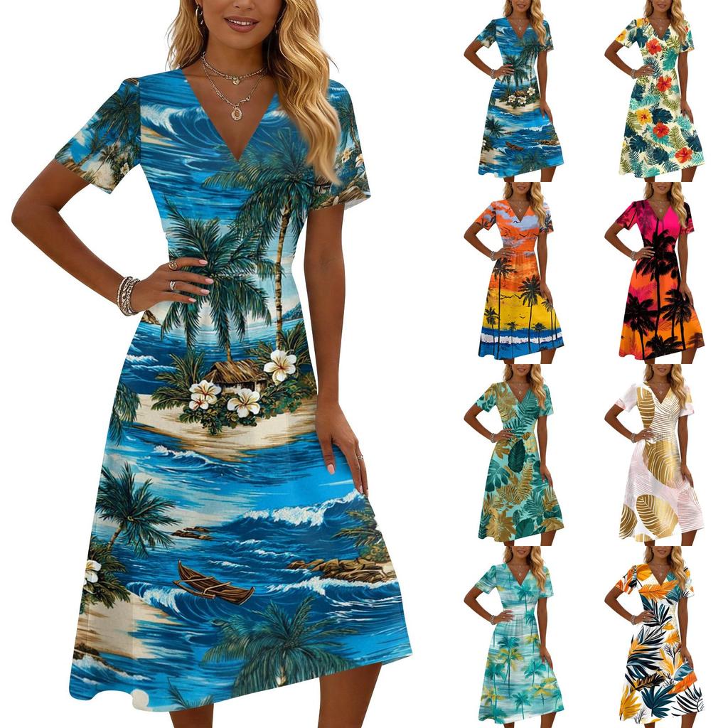 Women’s Short Sleeve V Neck Midi Dress with Tree Print Lightweight Summer Casual Loose Fit Beachwear