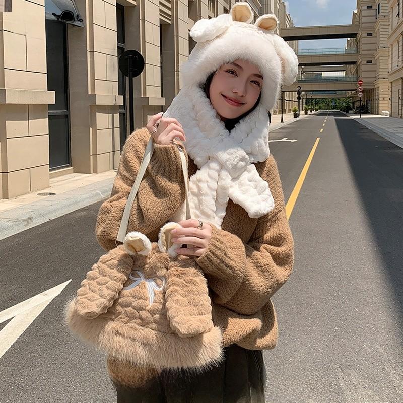 Plush Bunny Earmuff Hat With Neck Warmer For Winter Kids Outdoor Fun