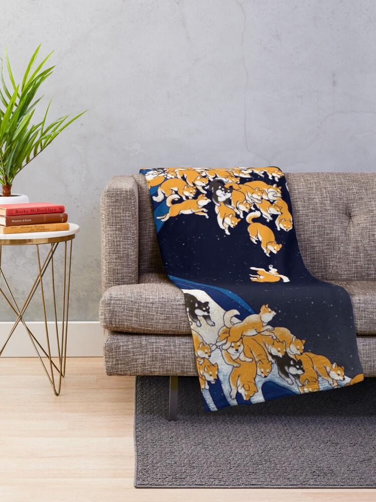 Shiba Inu The Great Wave in Night Throw Blanket Soft Cozy Plaid for Couch or Bed Perfect Gift for Dog Lovers and Japanese Art 40x50in