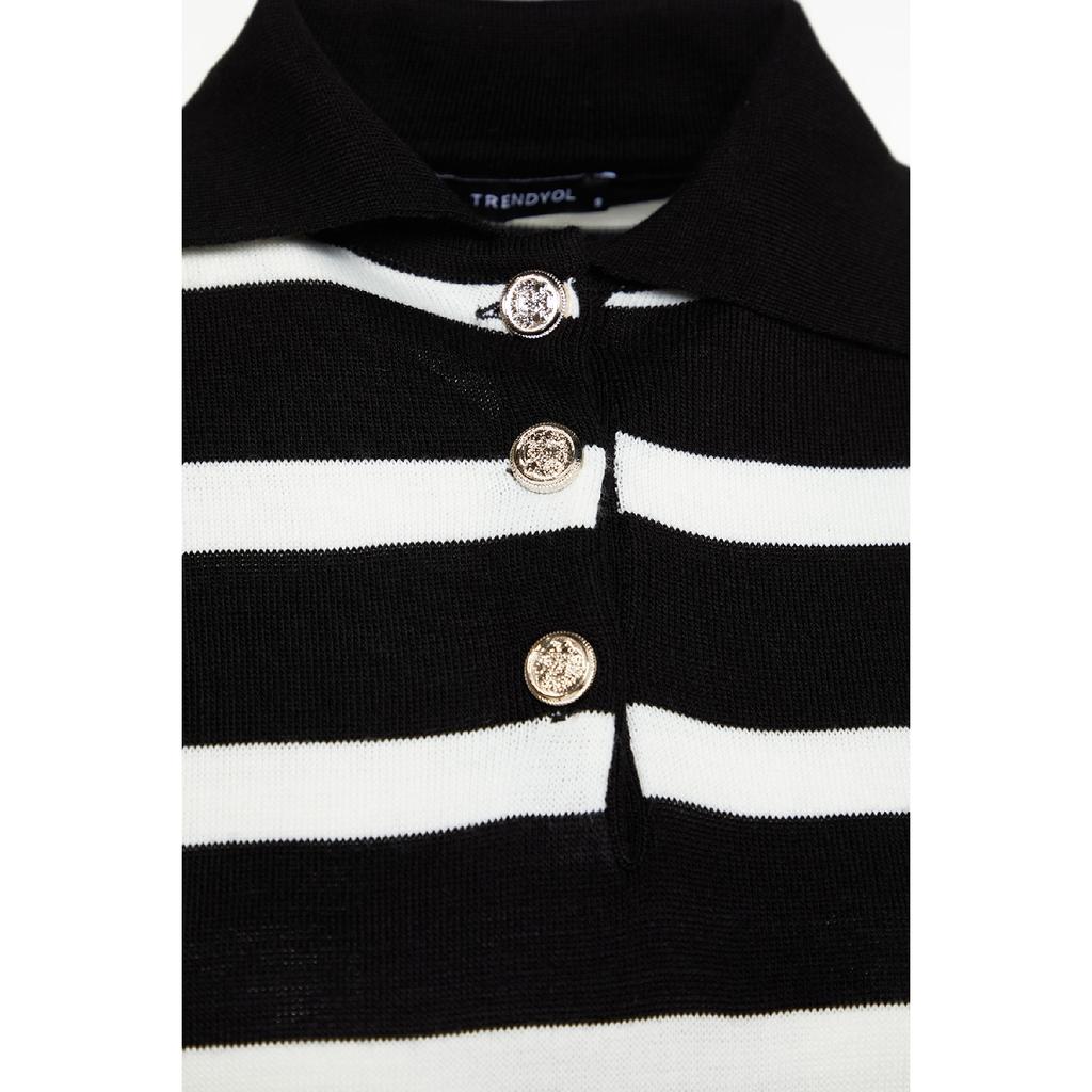 Black And White Polo Neck Striped Knitwear Sweater Tctaw24ak00045