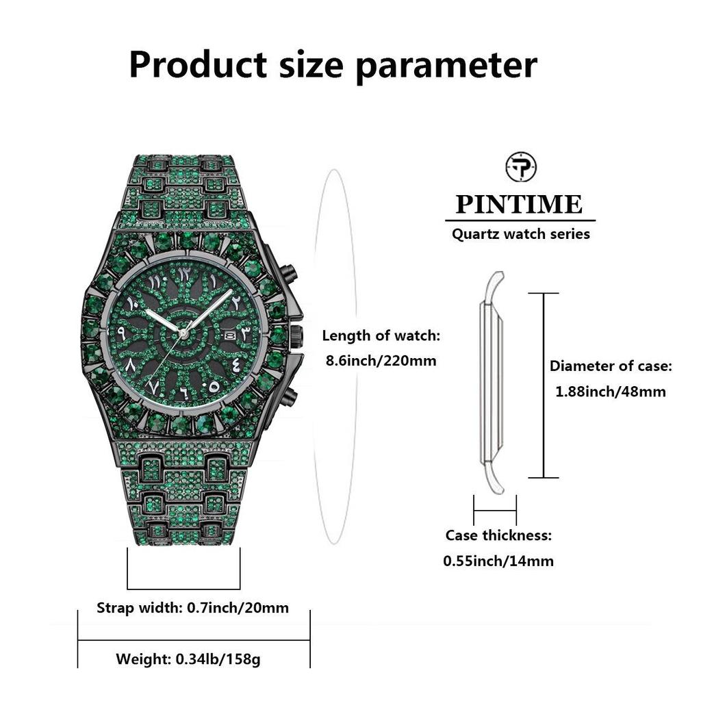 Men Full Iced Out Green Crystal Watch Arabic Numeral Dial Quartz Wristwatch Alloy Band Calendar Hip Hop Bling Jewelry Watches