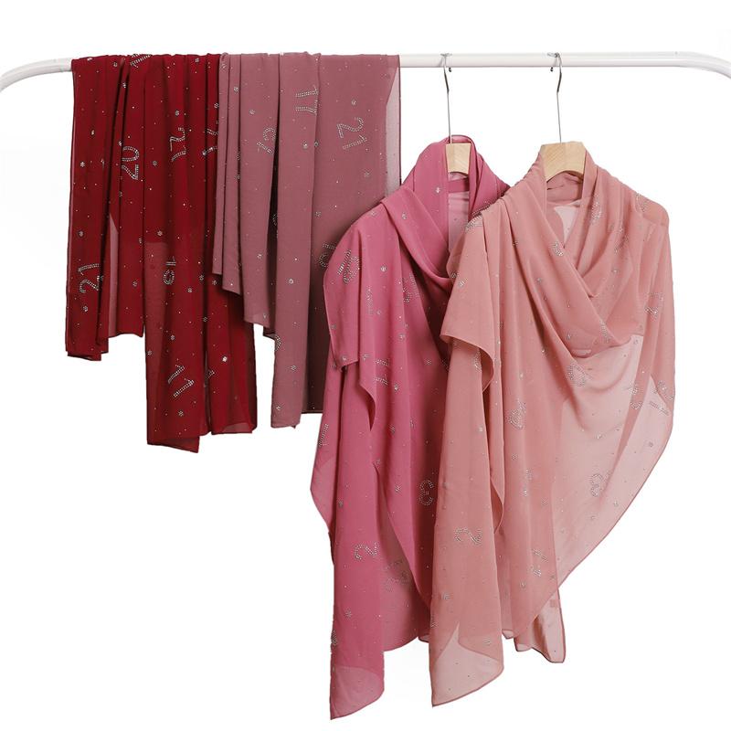 Rhinestone Arabic Numerals Beads Bubble Chiffon Hijab Shawls Women Wrap Elastic Muslim Full Cover Islam Foulards Bonnet Headband