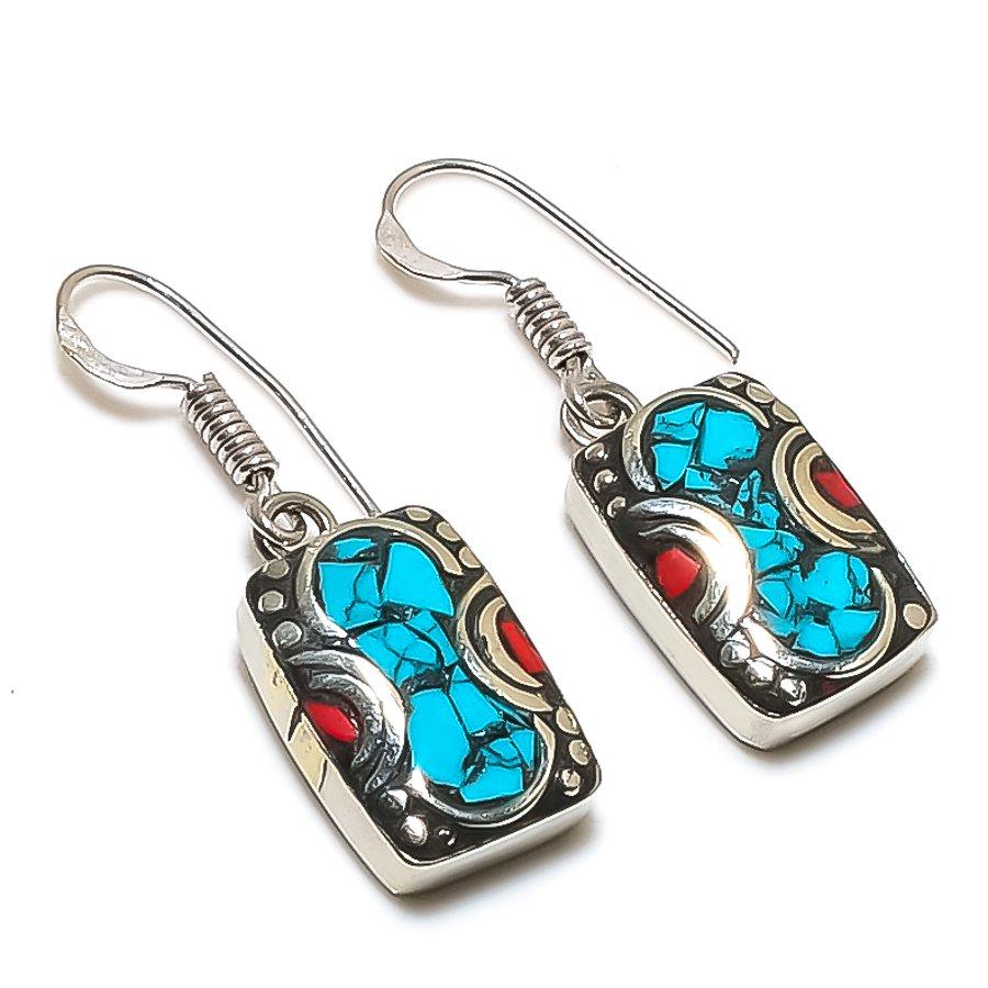 

Tibetan Turquoise, Coral Handmade Jewelry Earring 1.38 y3N55