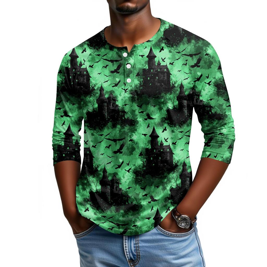 Men Casual Halloween Print Henley Shirt Raglan Sleeve Three Quarter Length Button Front Top for Fall Seasonal Wear