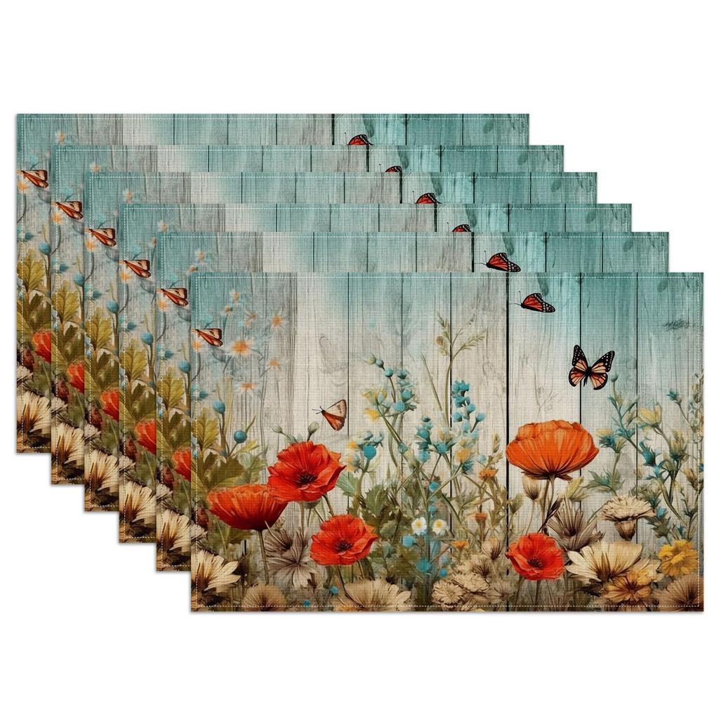 Strawberry Thief William Morris Placemats Set of 6, Floral Bird Washable Linen Place Mat Heat Resistant Non Slip Kitchen Dining Table Mats 12x18 Inch