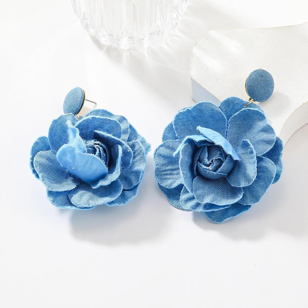 Autumn & Winter Floral Earrings: Blue Rose, Trendy Exaggerated Design for Women