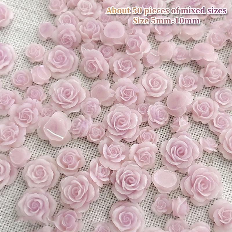 50Pcs Diy Nail Art Decor 3D Rosa Chinensis Flower Rose Flower Nail Drills Mixed Size Camellia Flower Nail Drill Manicure Design