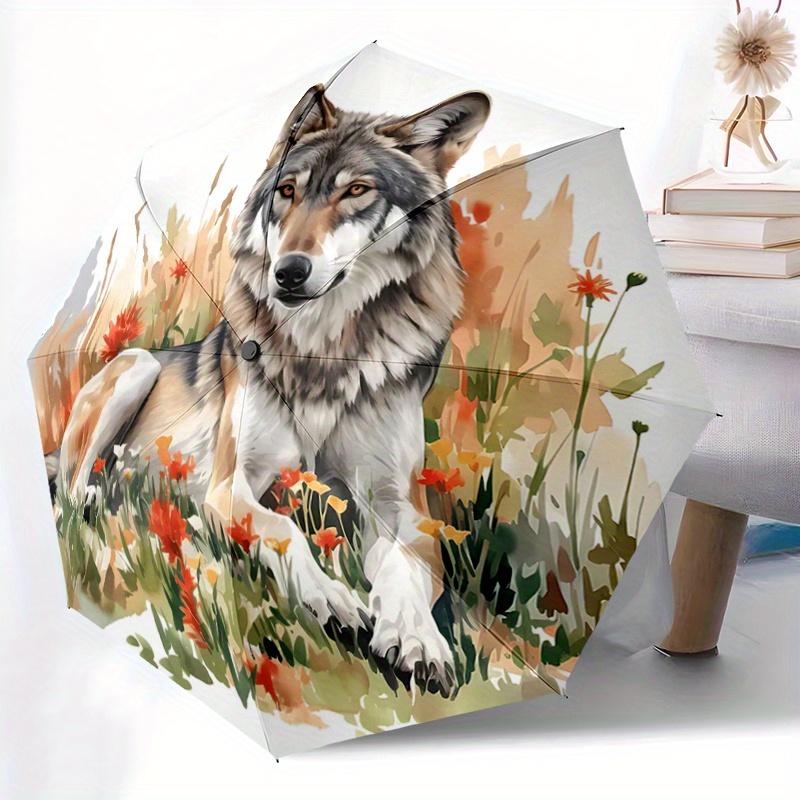 1pc Wild Wolf amidst Autumnal Wildflowers Durable Cartoon Folding Umbrella,Compact Umbrella for Men and Women, Suitable for Travel or Daily Use.C032