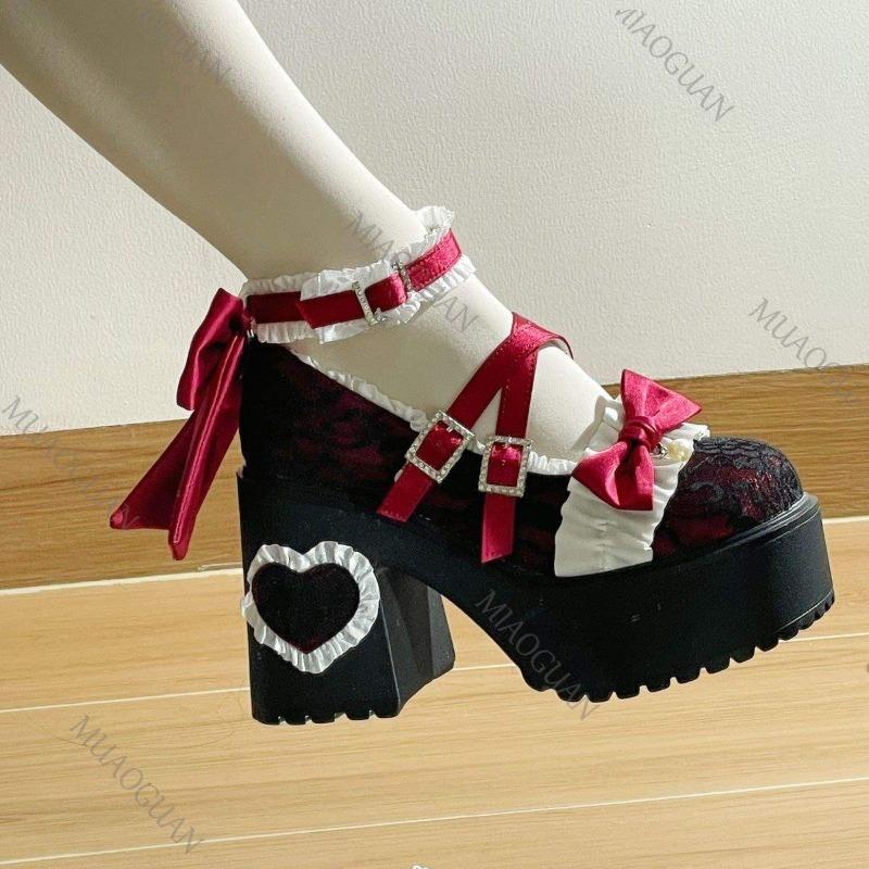 Gothic Sweet Lolita Heels for Women Chunky Platform Bowknot Buckle Strap Pumps Fashion High Heels Lace Mary Jane Shoes