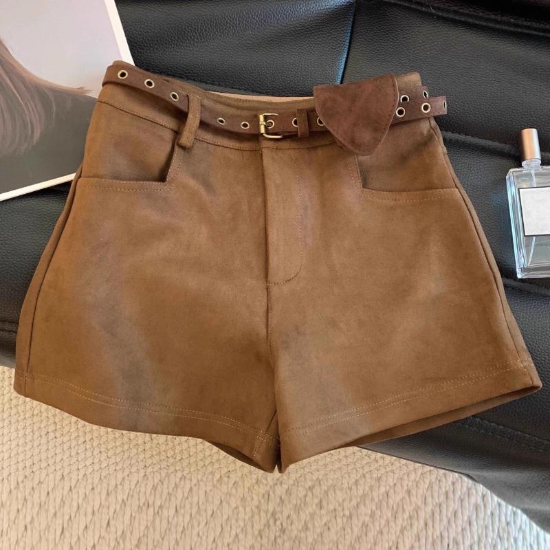 

Maillard Brown Suede Shorts For Women Autumn Winter New Arrival High Waist Slim Fit Casual A Line Booty Shorts S кавовий