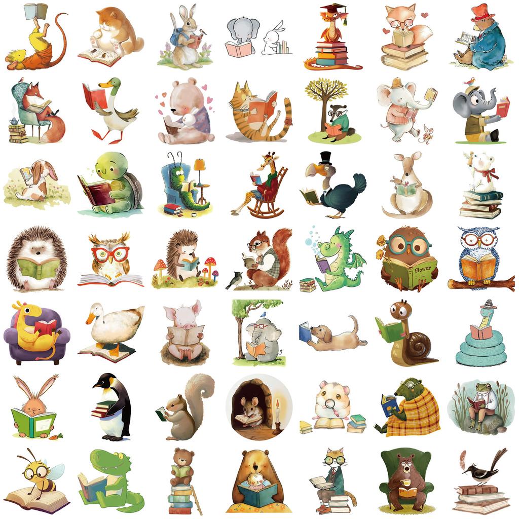50 Cartoon Animal Reading Books Graffiti Stickers Decorative Guitar Notebook Suitcase DIY Waterproof