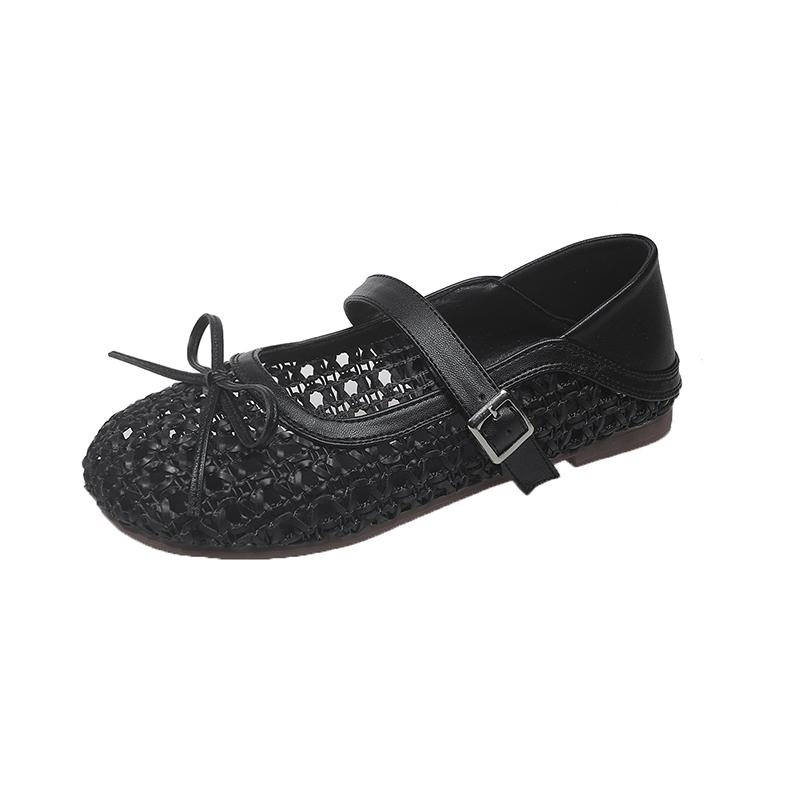 Fashion New Cutout Woven Bow One Strap Sandals Women's Round Toe Shallow Mouth Flat Slip Comfortable Non-Slip Single Shoes